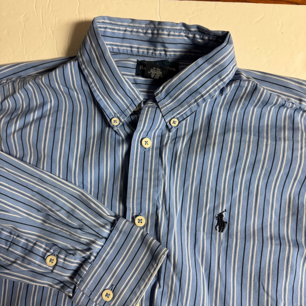 Ralph Lauren Striped Button Down Shirt Boys Size 18 Blue White Pony Logo